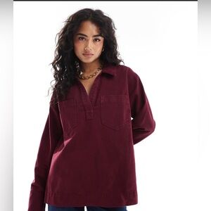 ASOS Design Denim Rugby Pullover Shirt in Burgundy